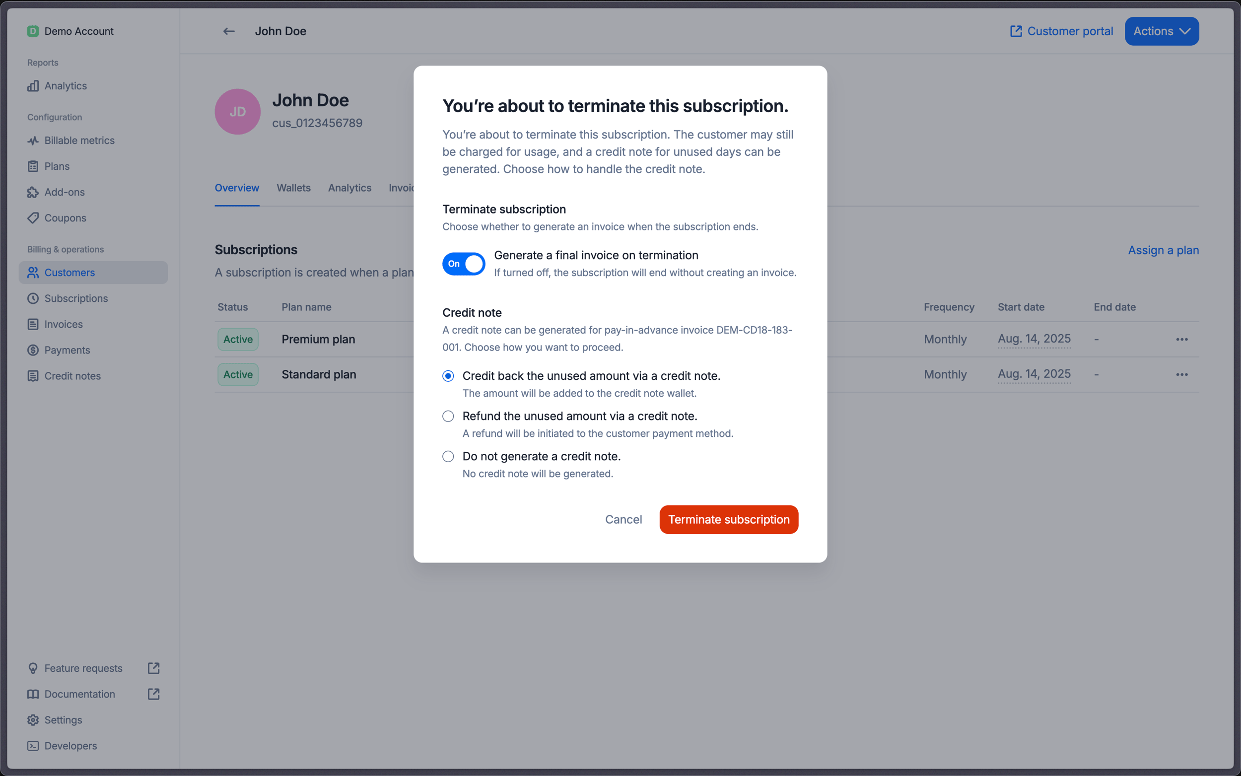 Terminate Subscription Terminate a subscription - Lago