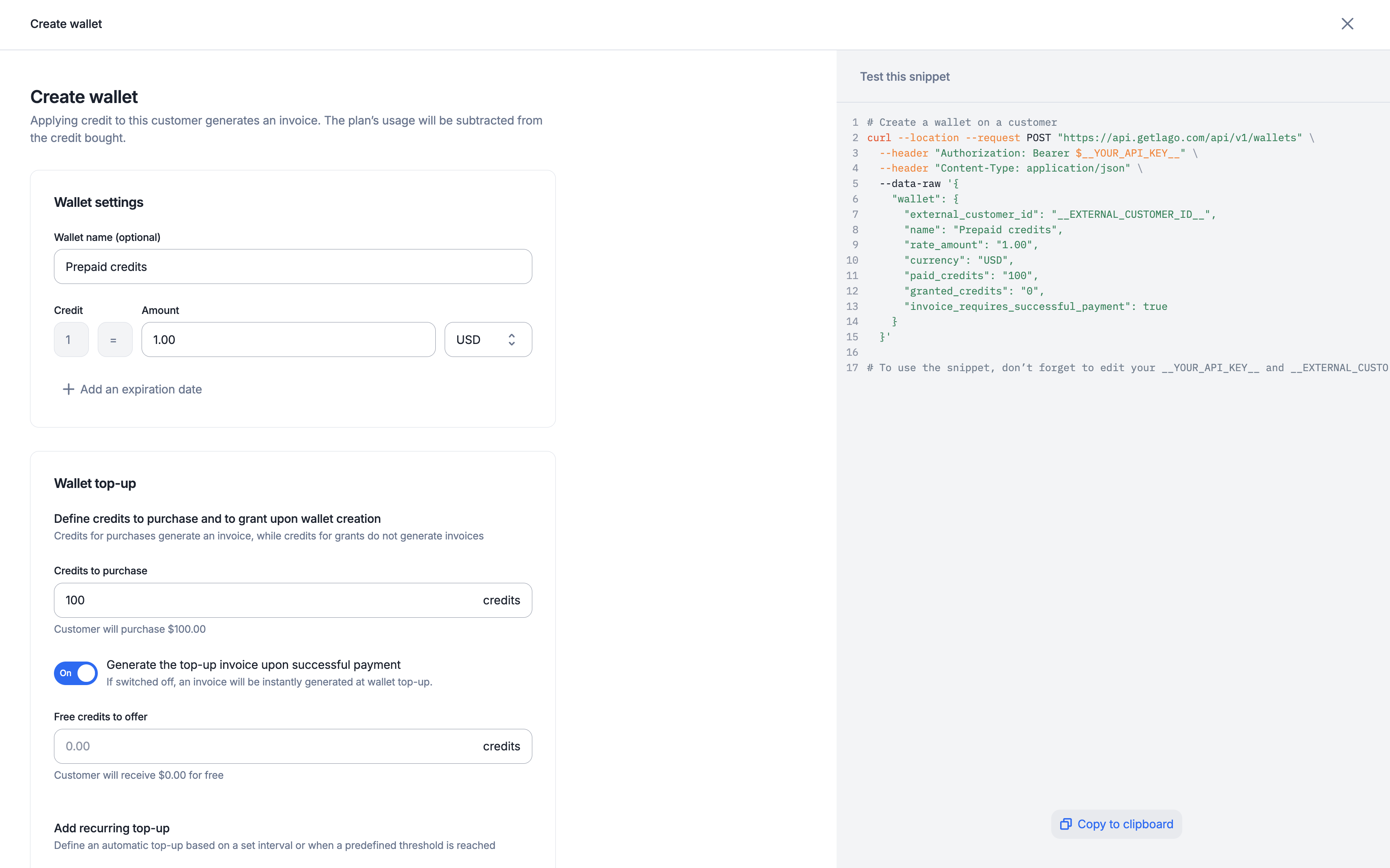 Creation of a wallet via the user interface