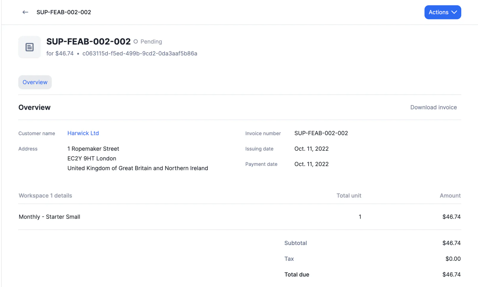 Lago invoice details view.