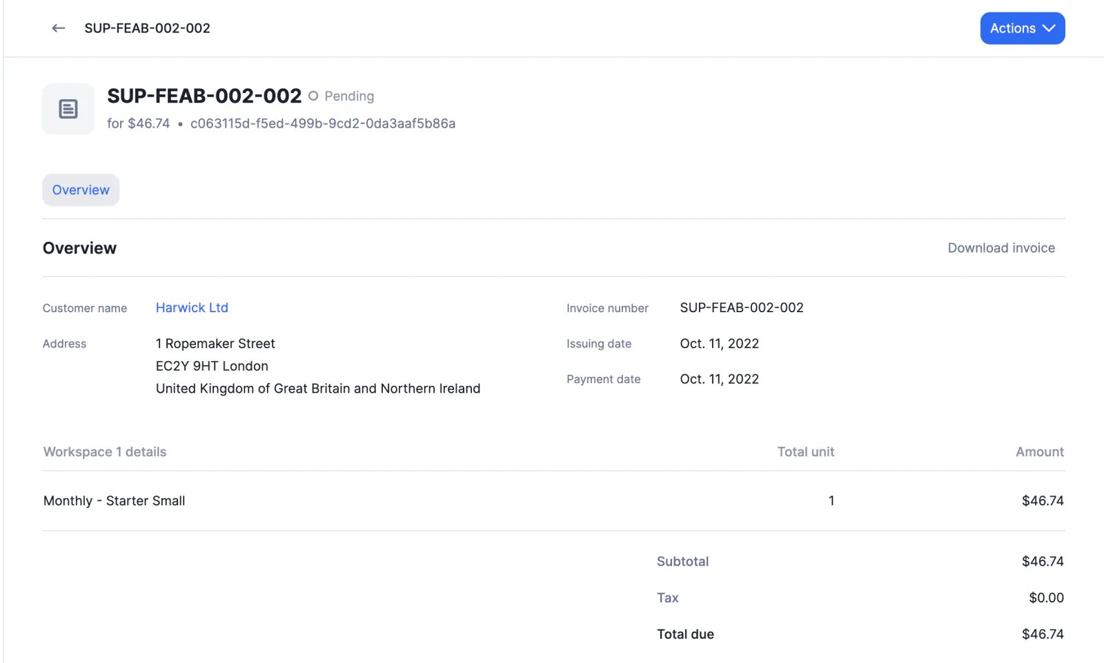 Lago invoice details view.