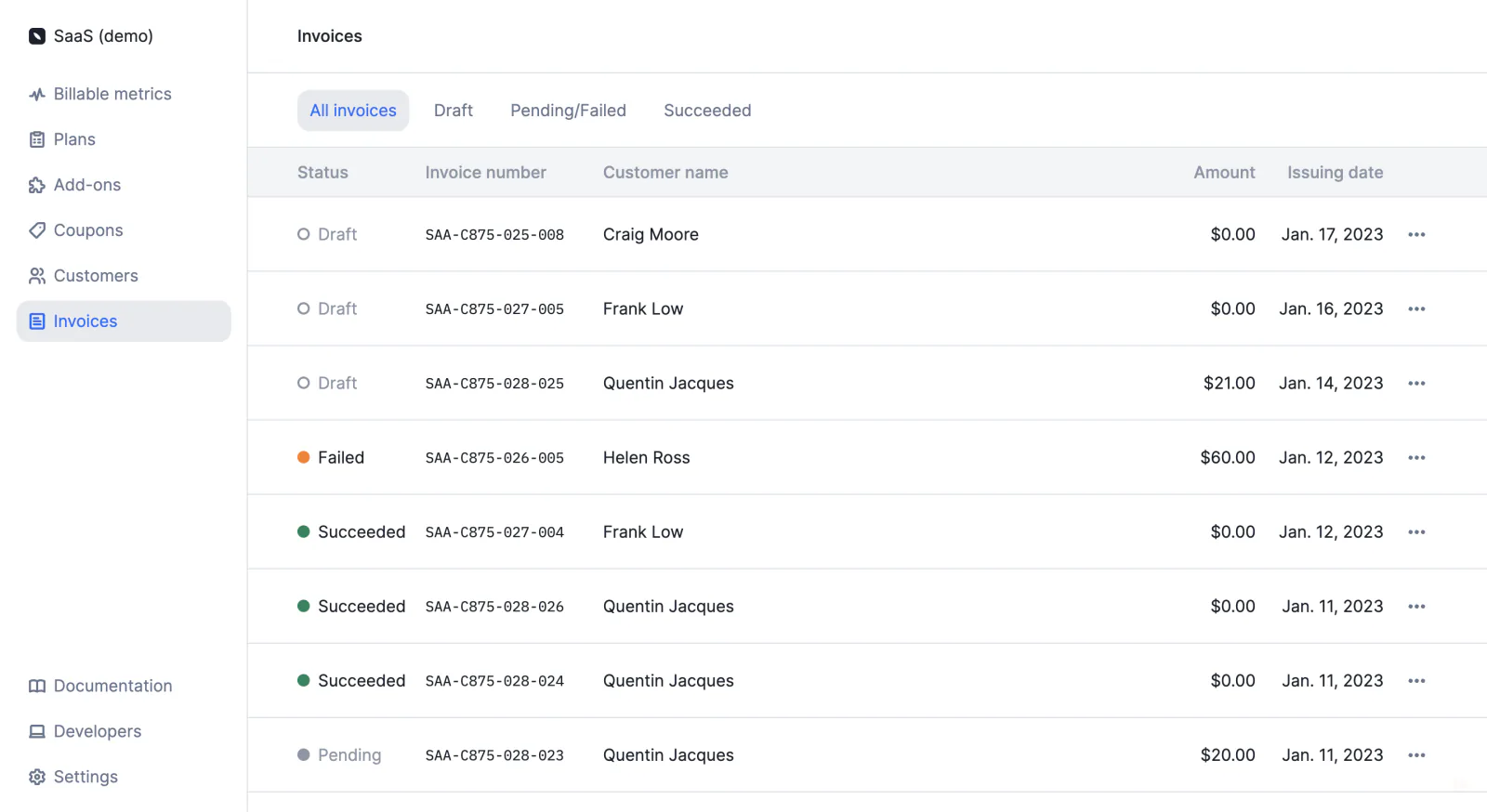 Lago invoice list view.