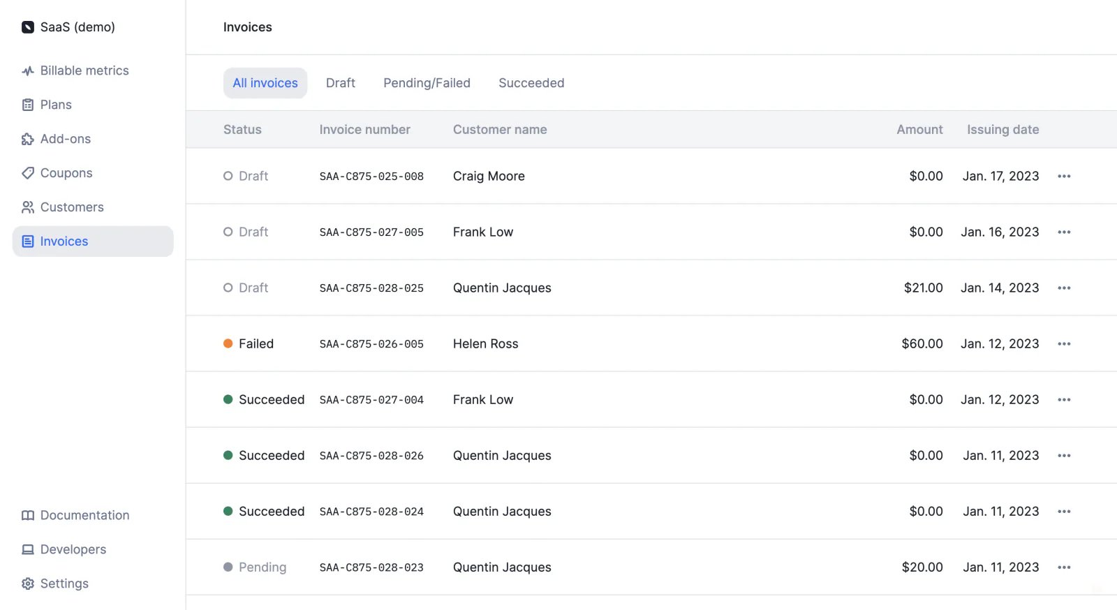Lago invoice list view.