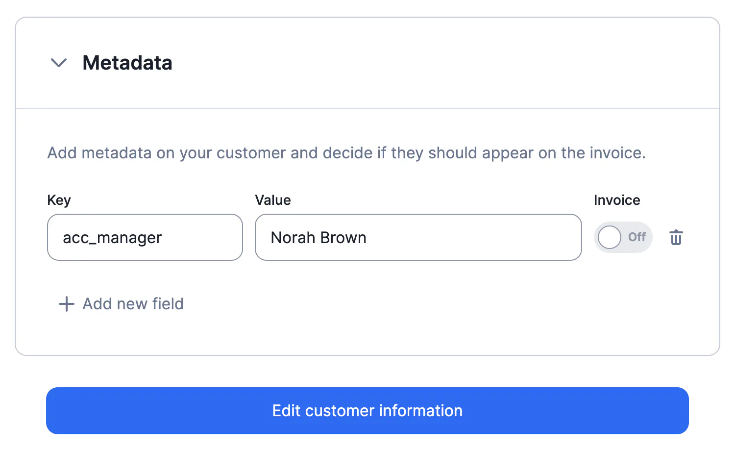 Lago customer record with custom metadata fields.