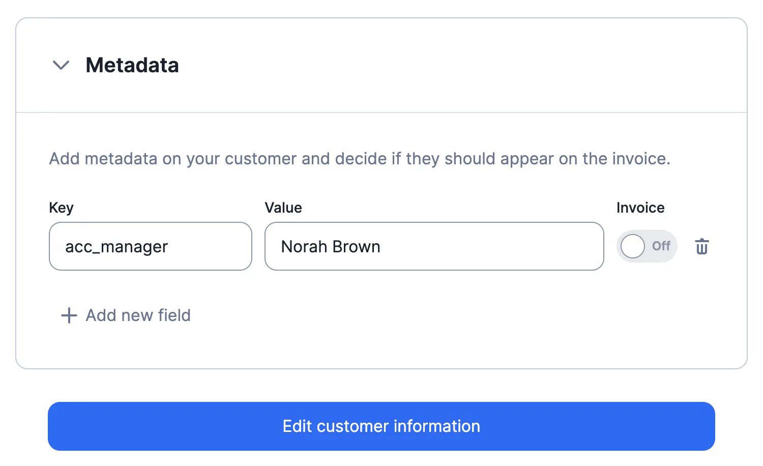 Lago customer record with custom metadata fields.