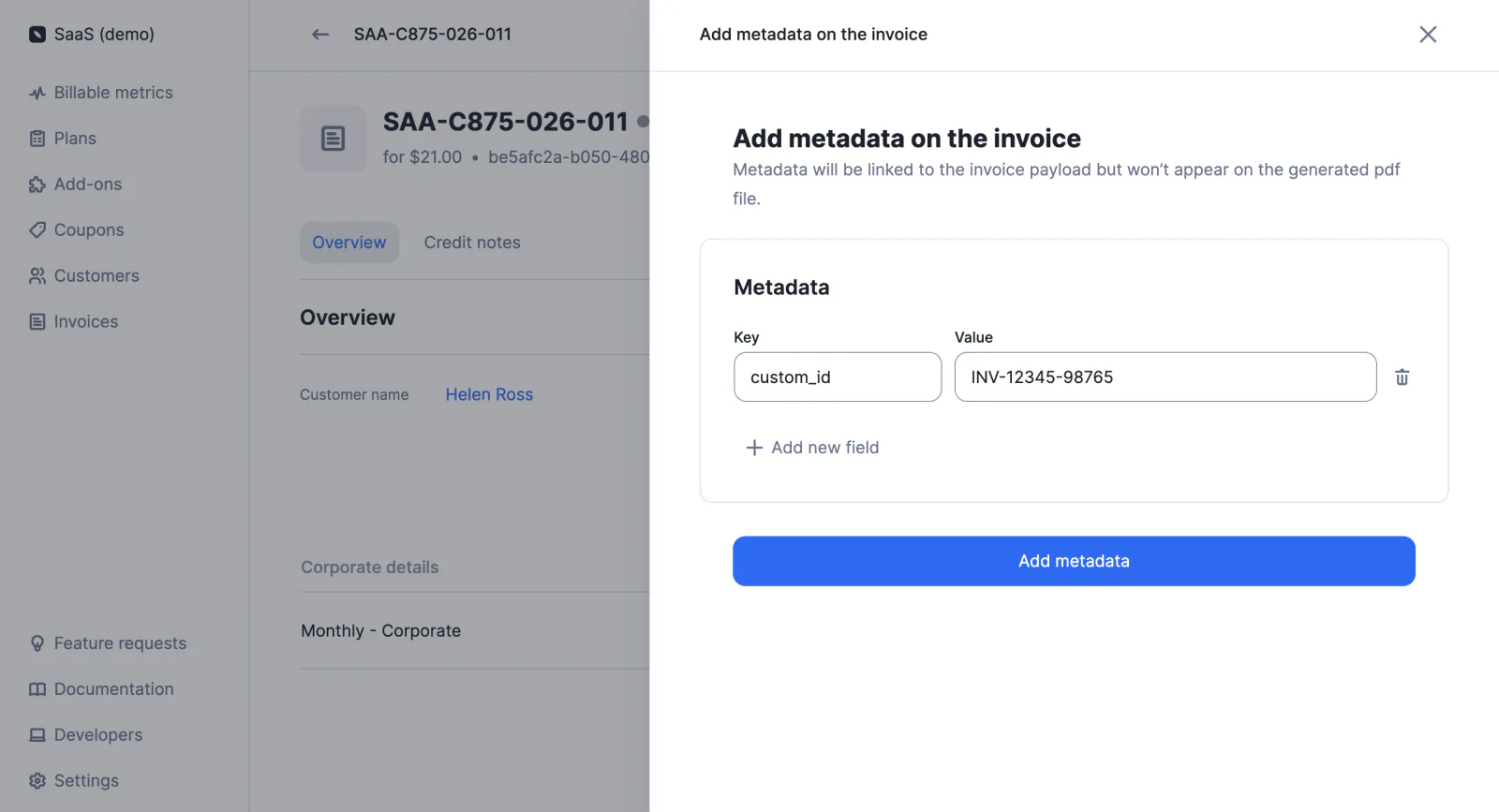 Lago invoice enriched with custom metadata.