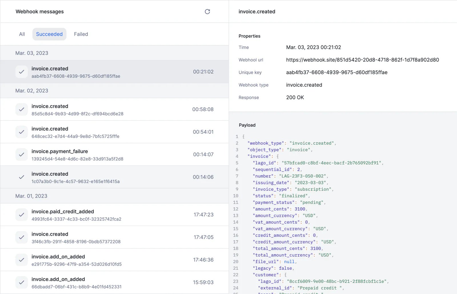 Lago webhook logs listing sent messages and their delivery status.