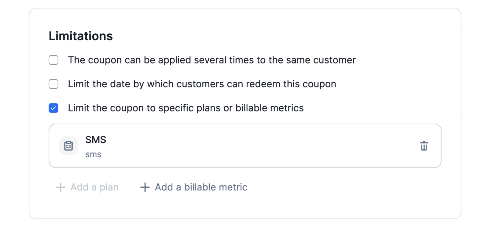 Lago coupon limited to specific billable metrics.