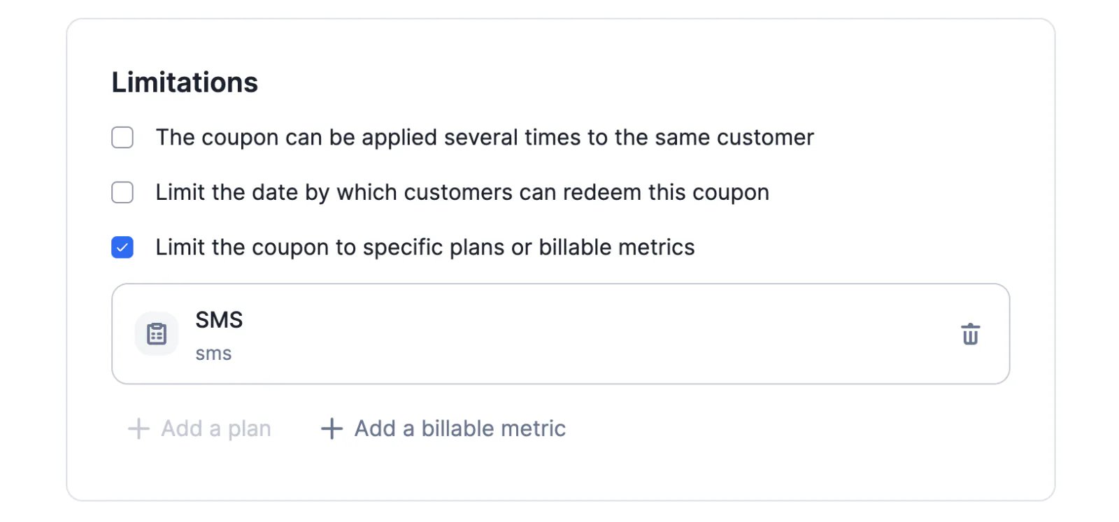 Lago coupon limited to specific billable metrics.