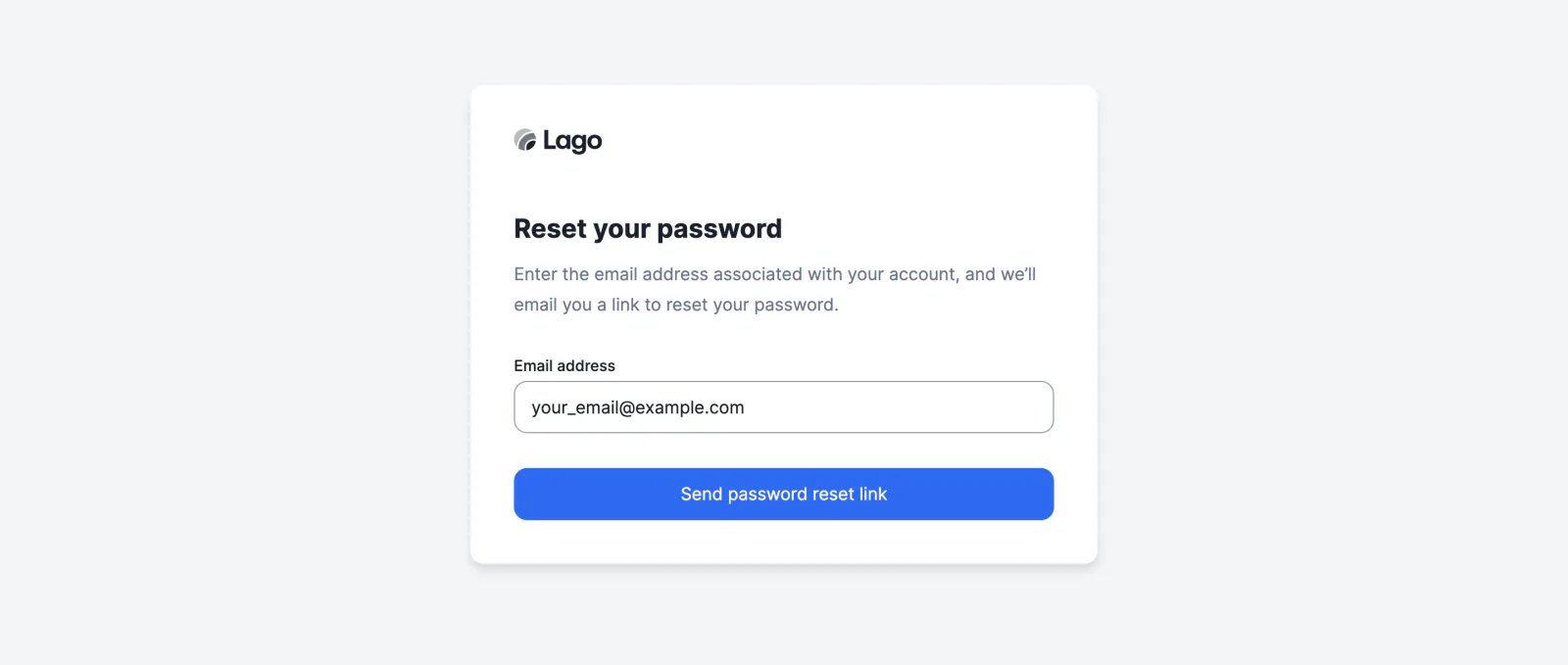 Lago password reset screen.