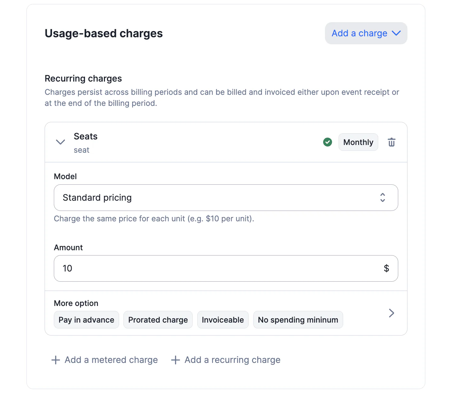 Lago charge configured as recurring and prorated.