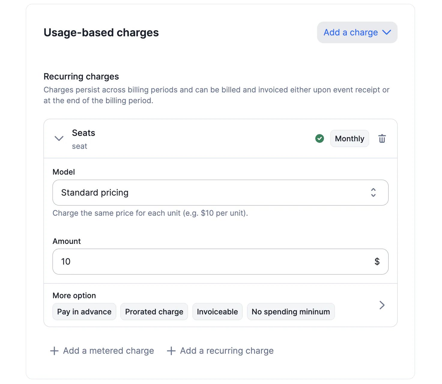 Lago charge configured as recurring and prorated.