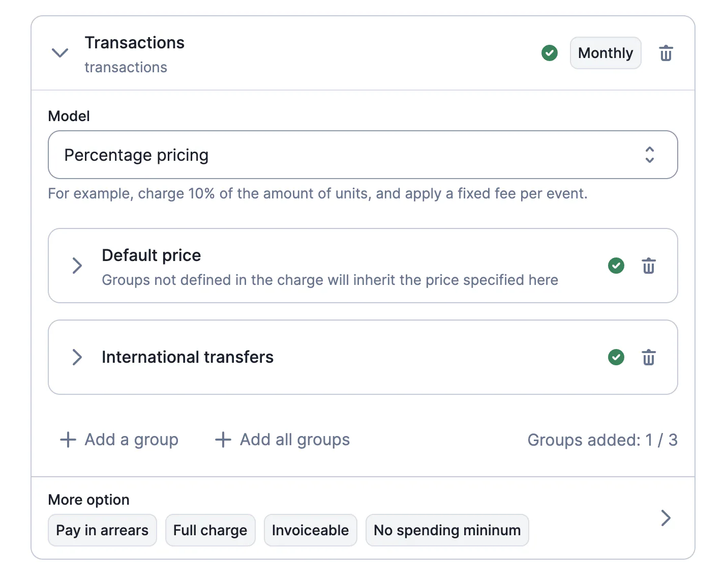 Lago billable metric group with a default price configured.