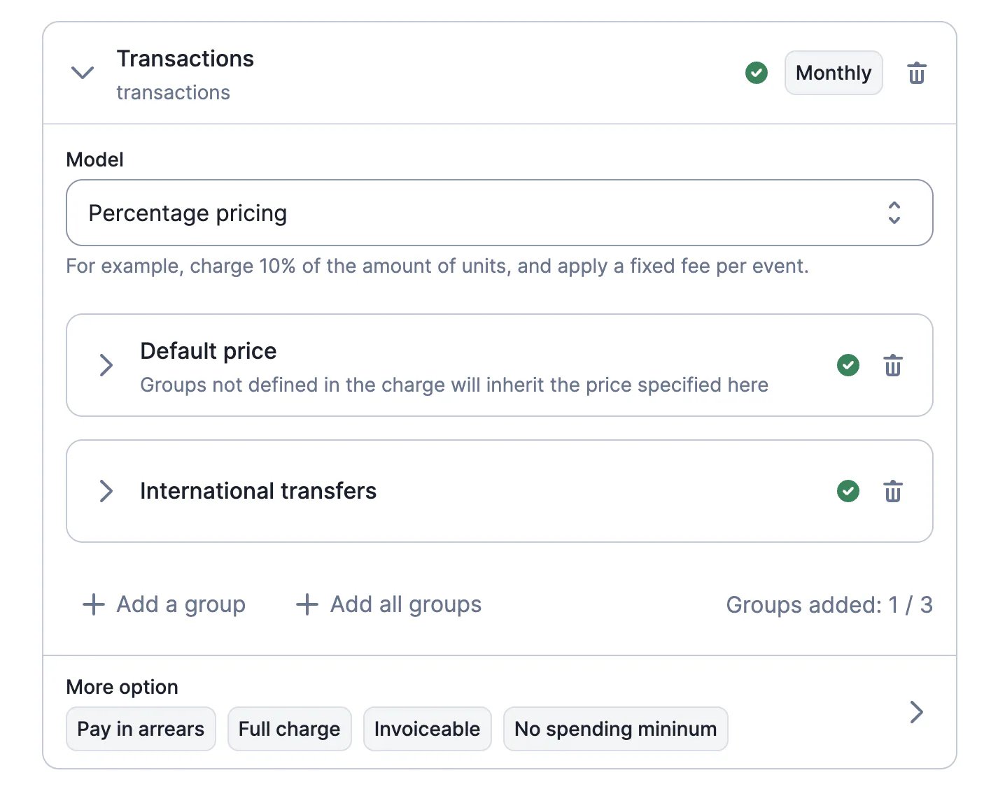 Lago billable metric group with a default price configured.