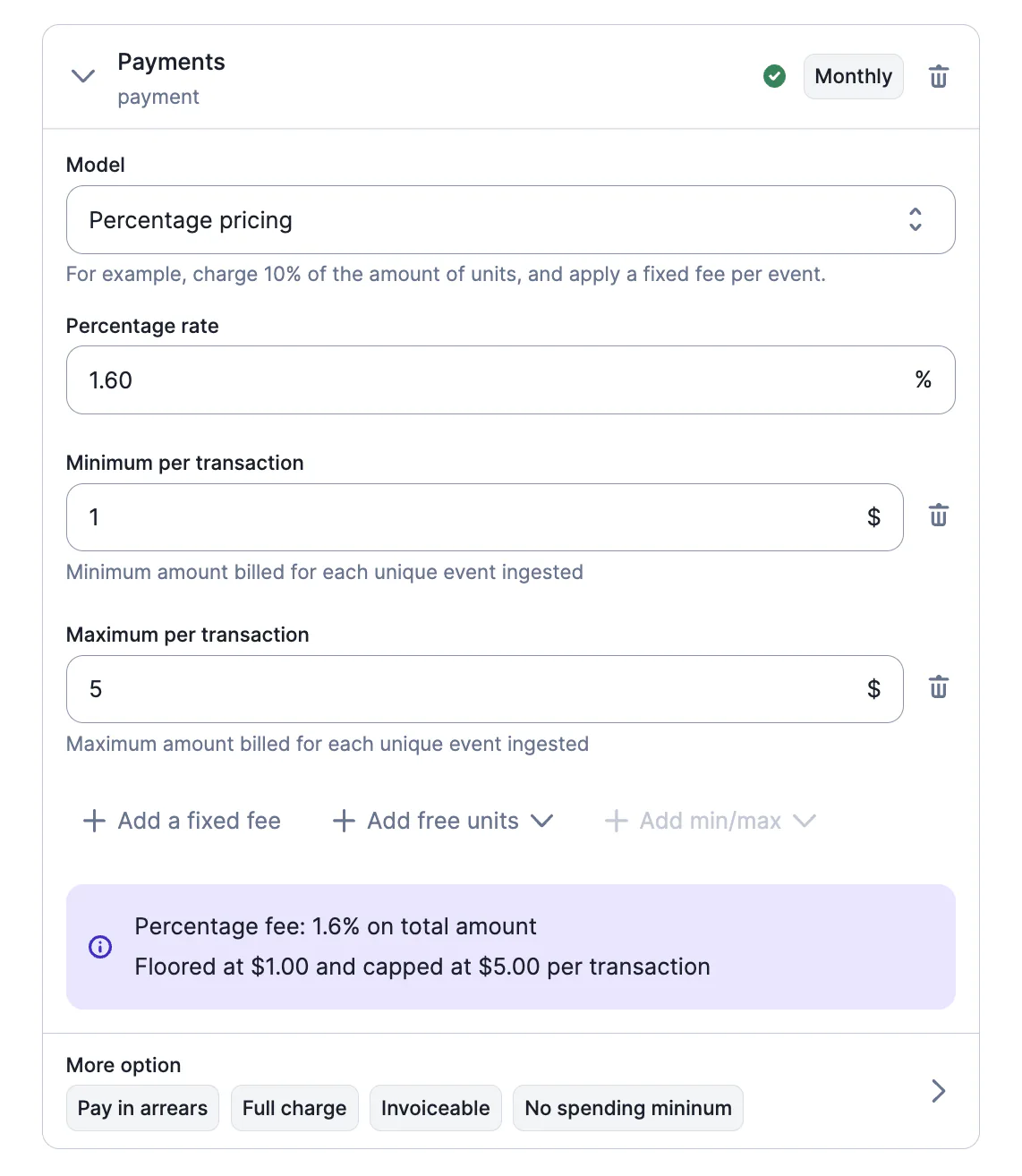 Lago wallet with minimum and maximum amounts per transaction.