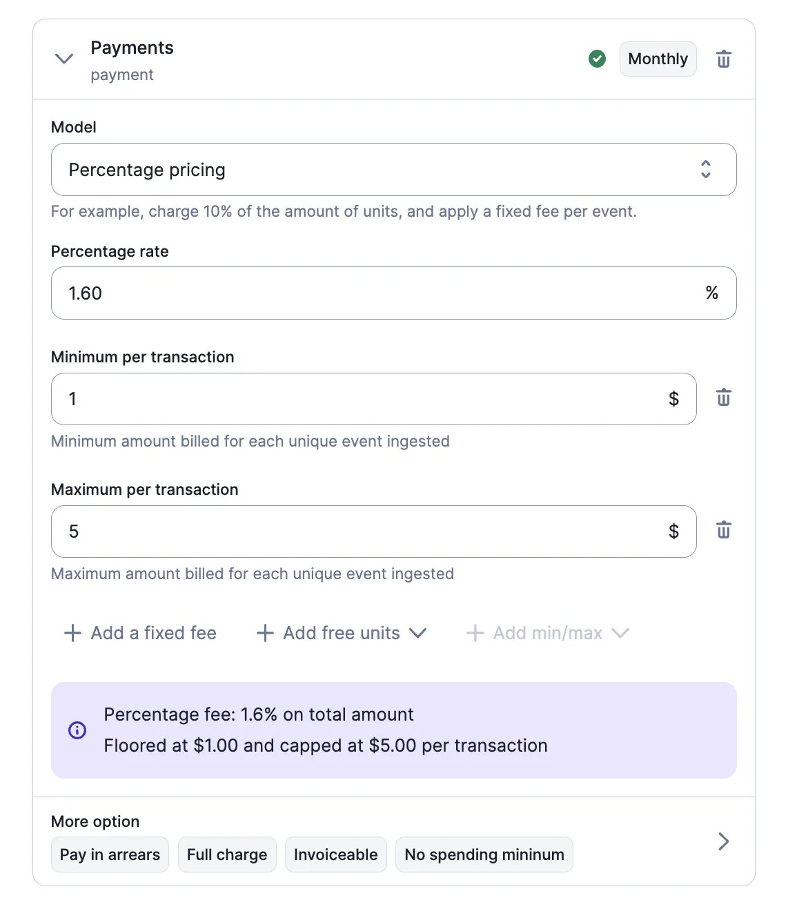 Lago wallet with minimum and maximum amounts per transaction.