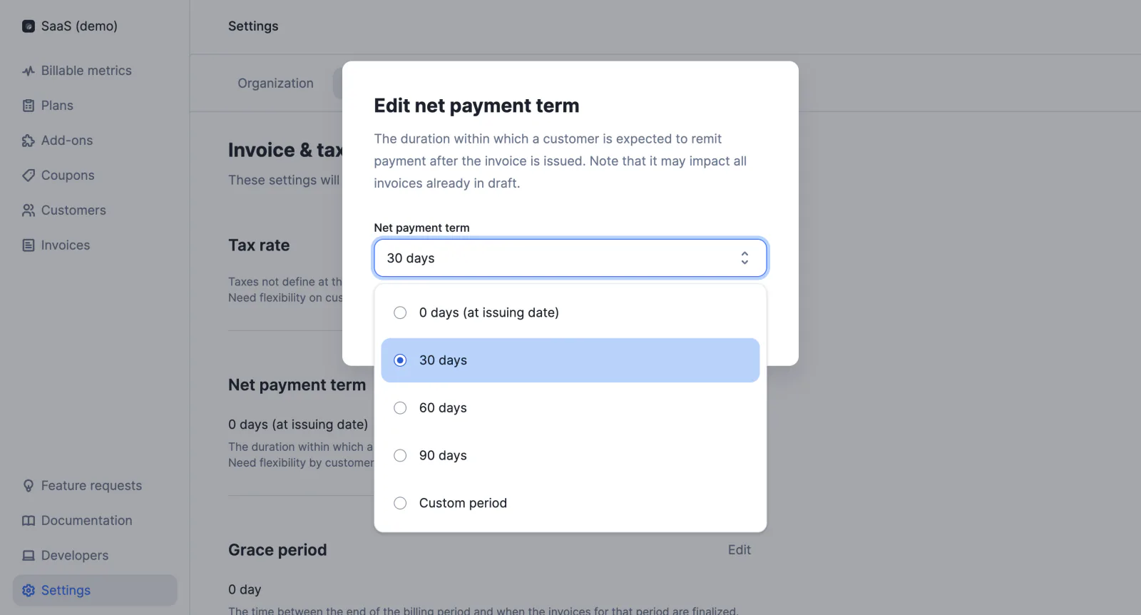 Lago customer with a net payment term defining the invoice due date.