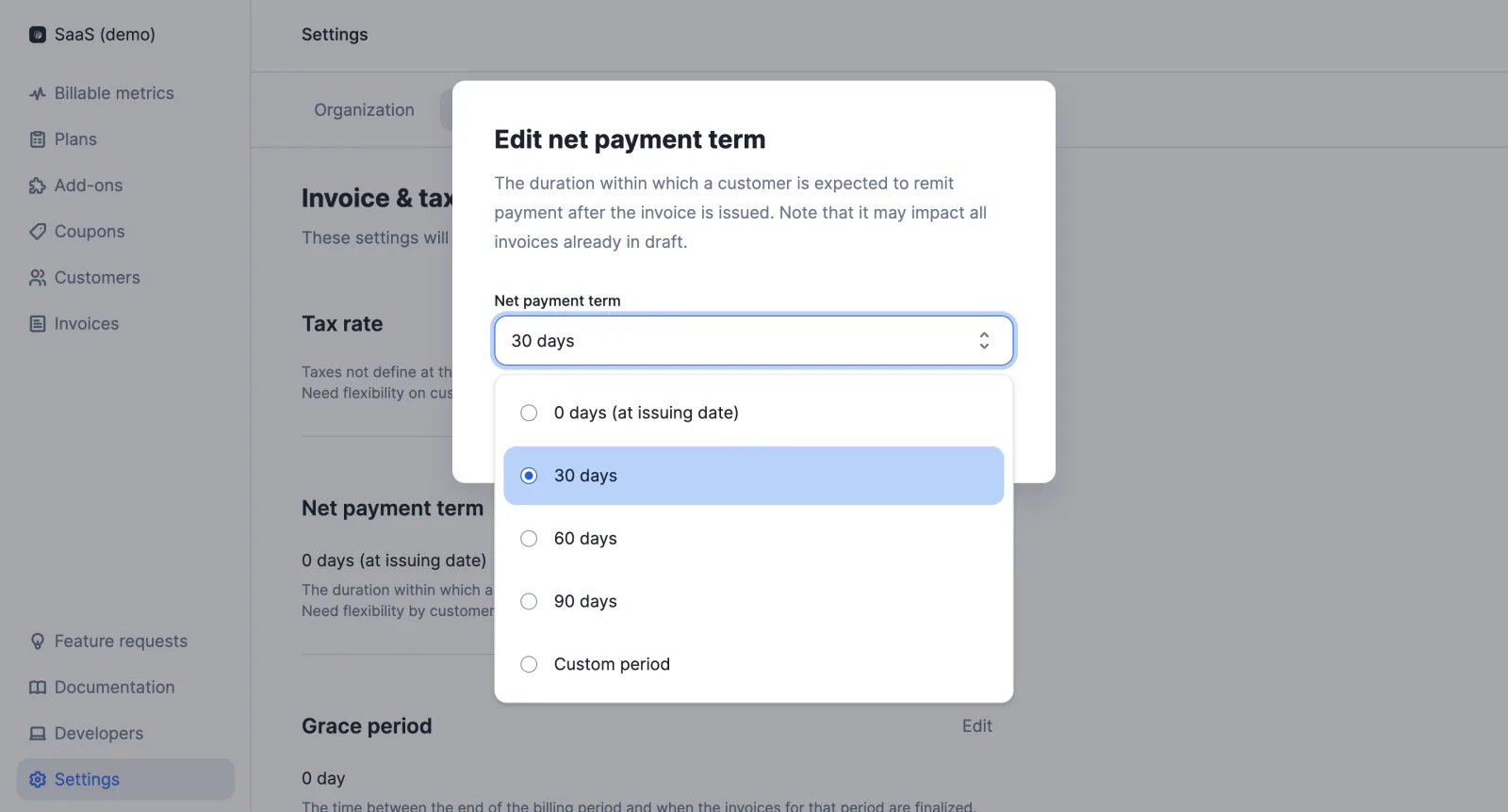 Lago customer with a net payment term defining the invoice due date.