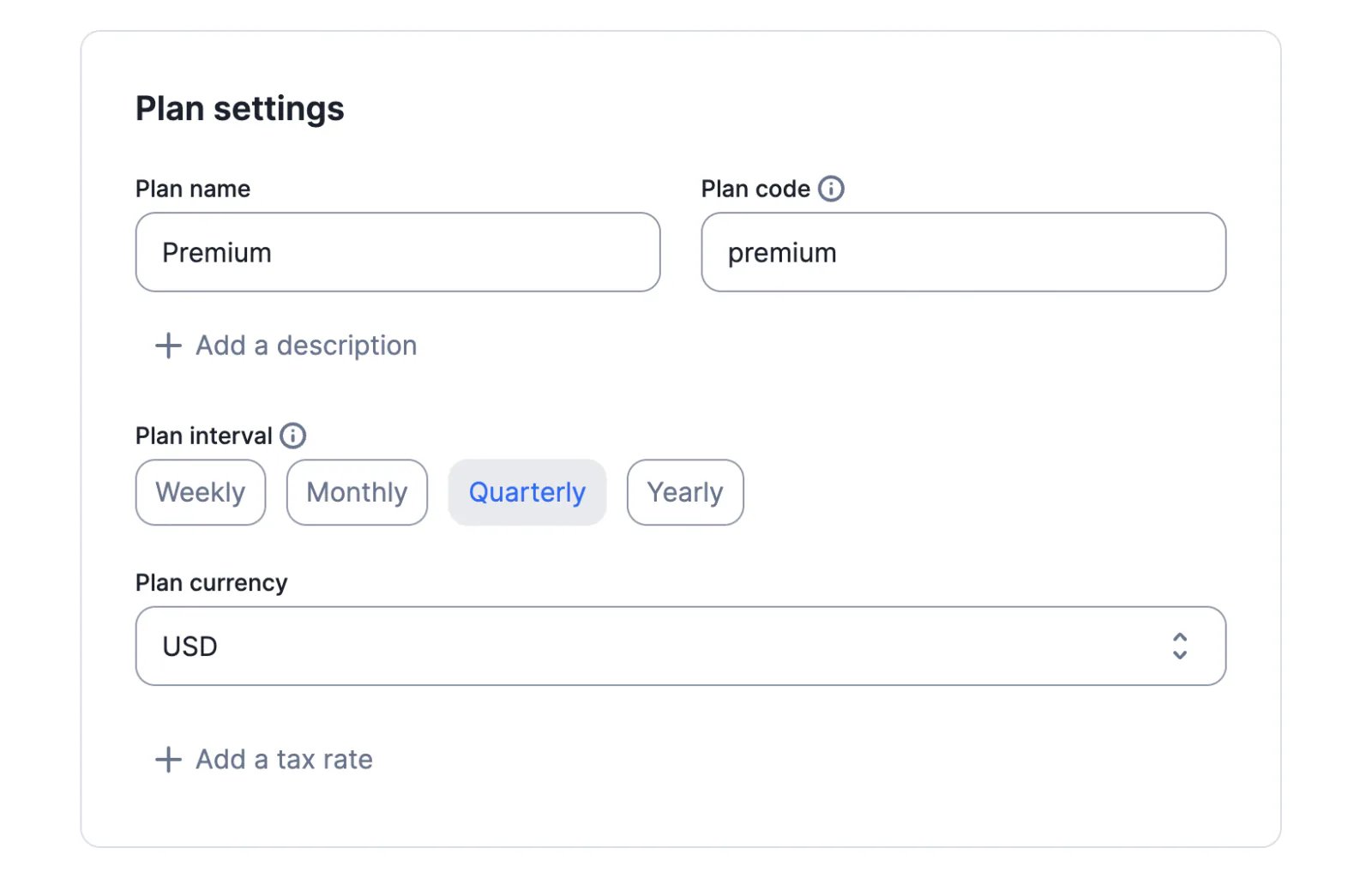 Lago subscription set to a quarterly billing interval.