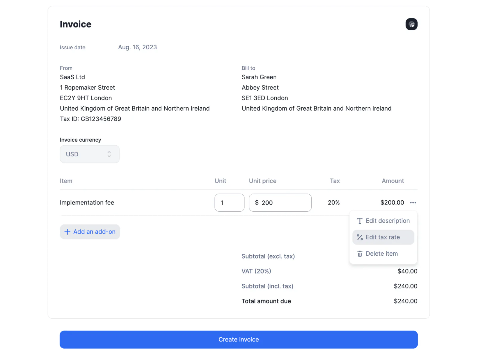 Lago add-on with a default tax rate applied.