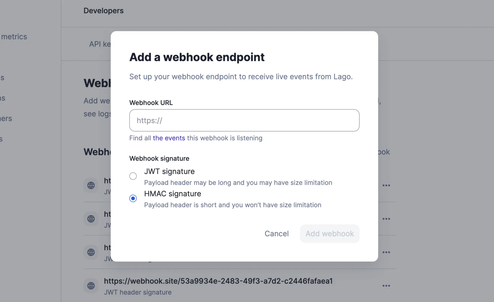 Lago webhook endpoint configured with a signature method.