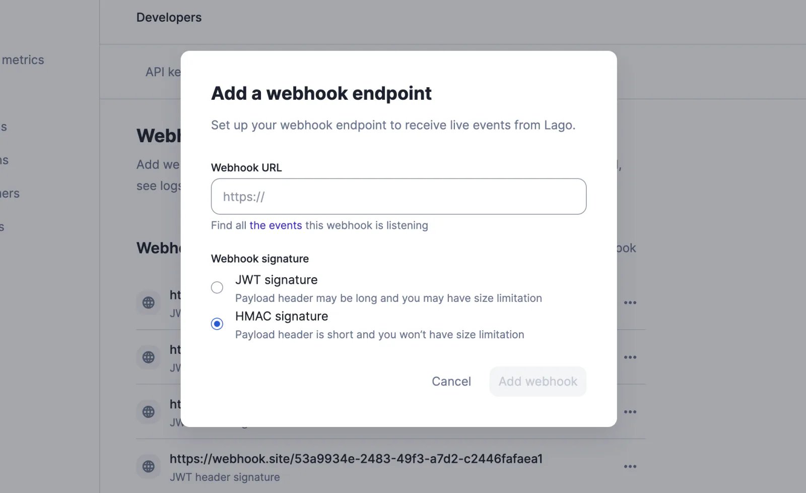 Lago webhook endpoint configured with a signature method.
