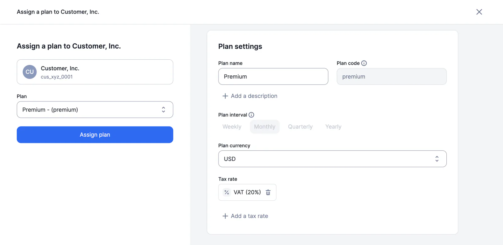 Lago subscription with plan values overridden for a single customer.