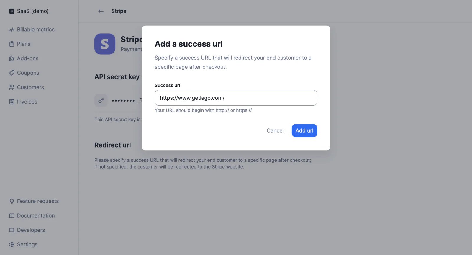 Lago payment configuration with a custom success URL.