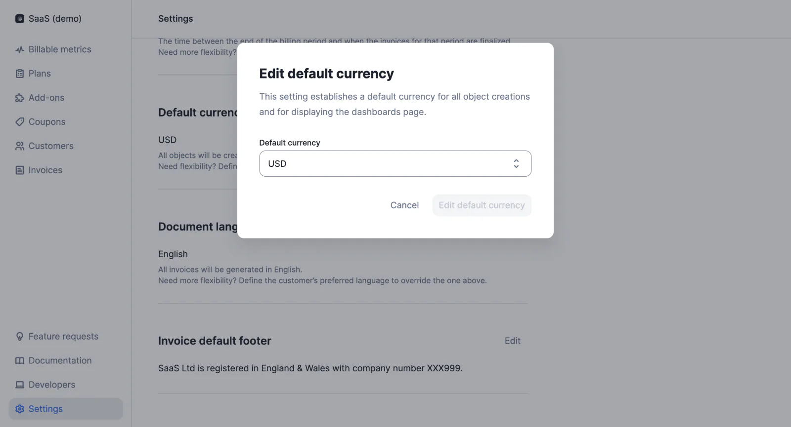 Lago organization settings with a default currency selected.