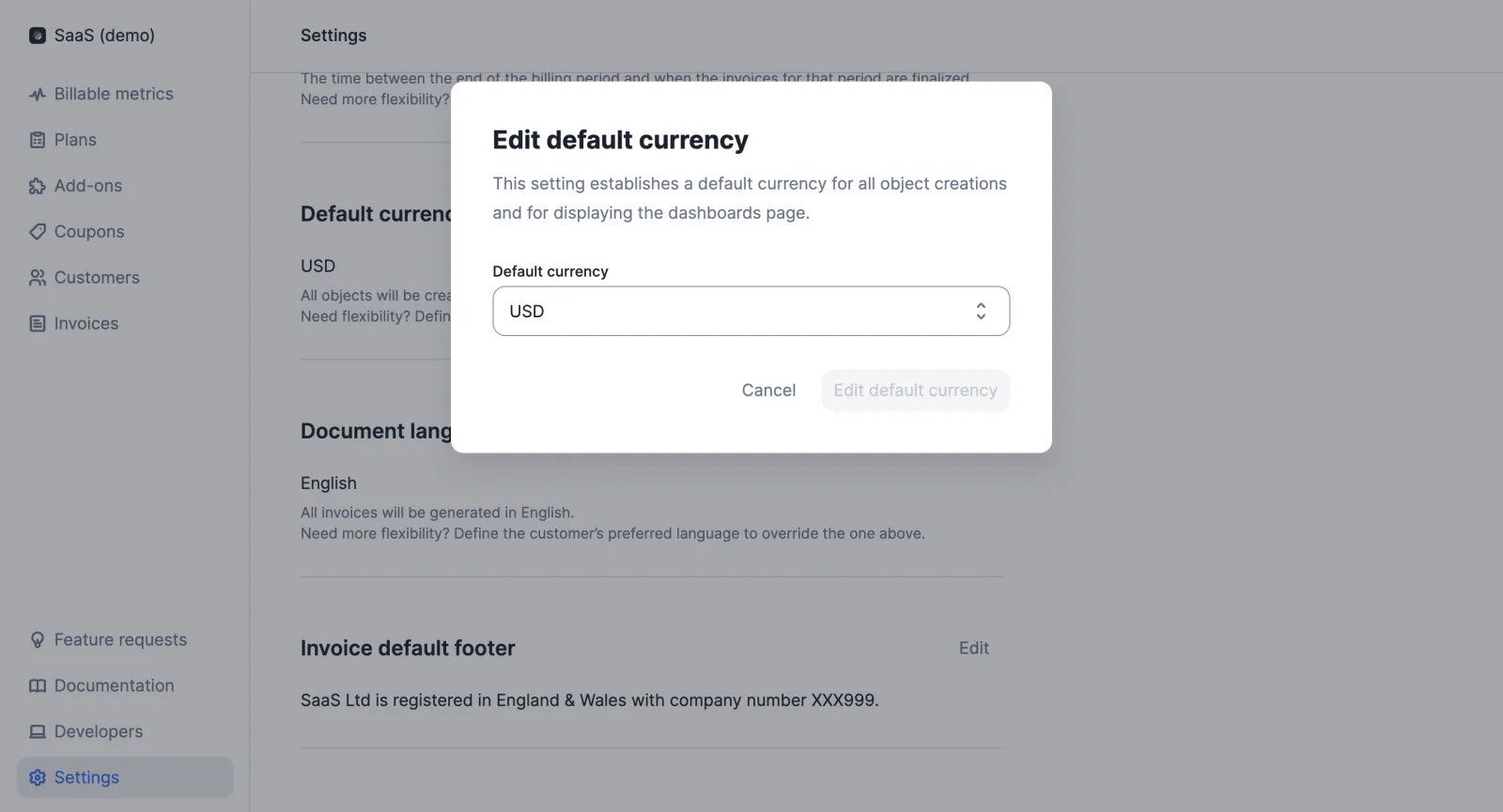 Lago organization settings with a default currency selected.