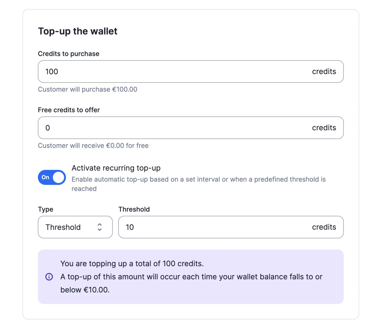 Lago wallet configured for automatic top-ups.