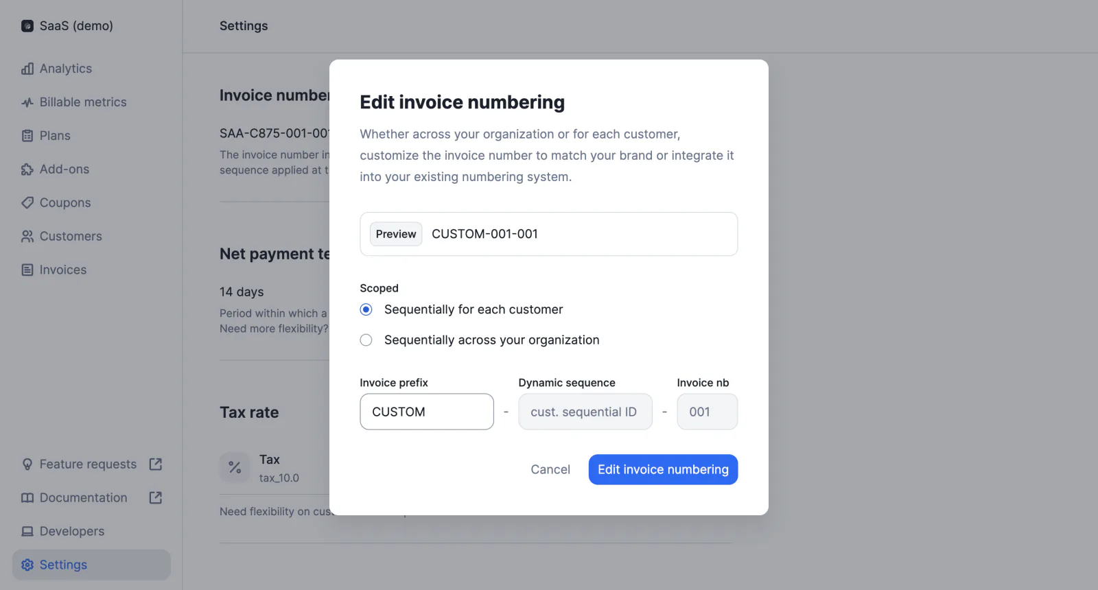 Lago custom invoice numbering configuration.
