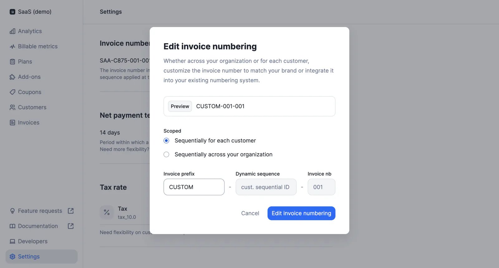 Lago custom invoice numbering configuration.