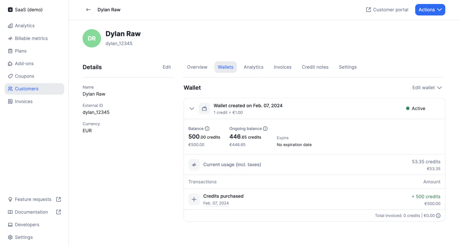 Lago wallet showing a near real-time credit balance.