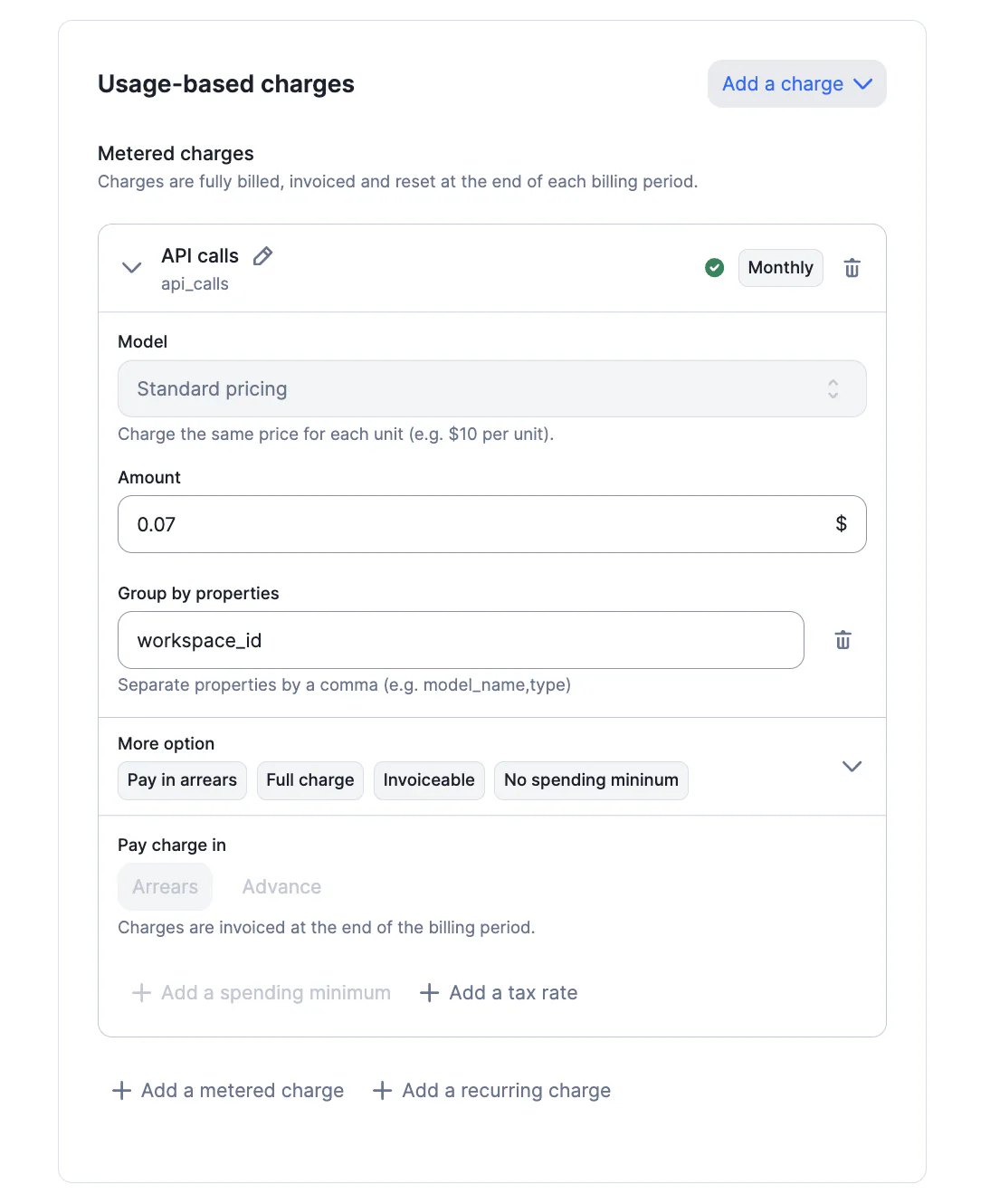Lago invoice with charges grouped by a custom attribute.