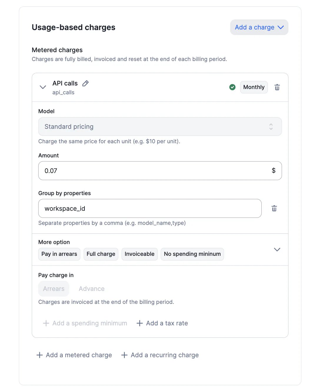 Lago invoice with charges grouped by a custom attribute.