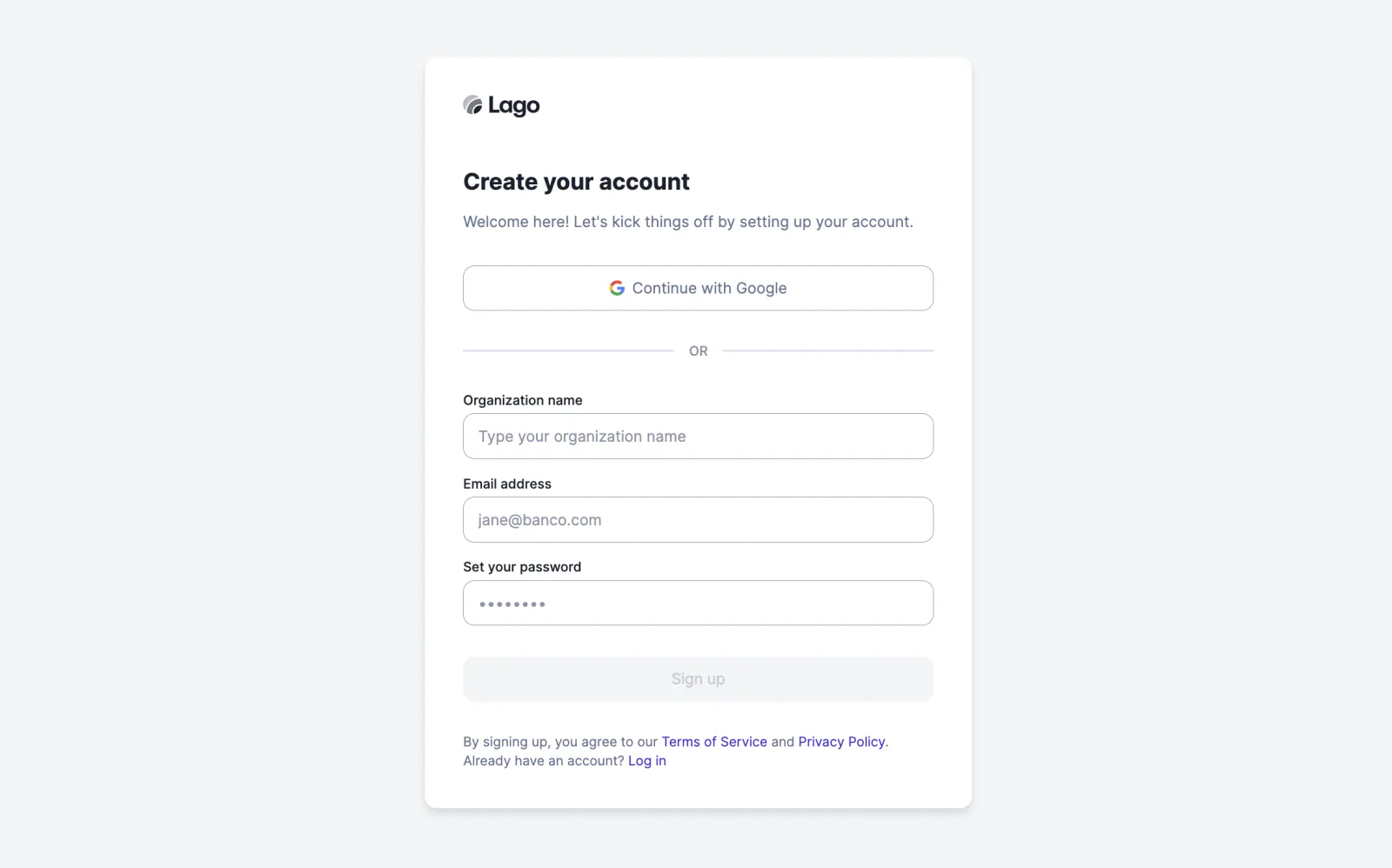 Lago single sign-on configured with Google.