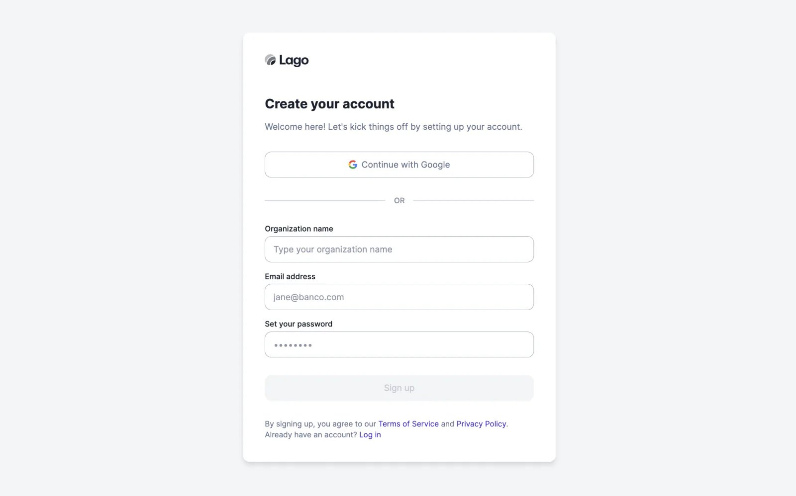 Lago single sign-on configured with Google.