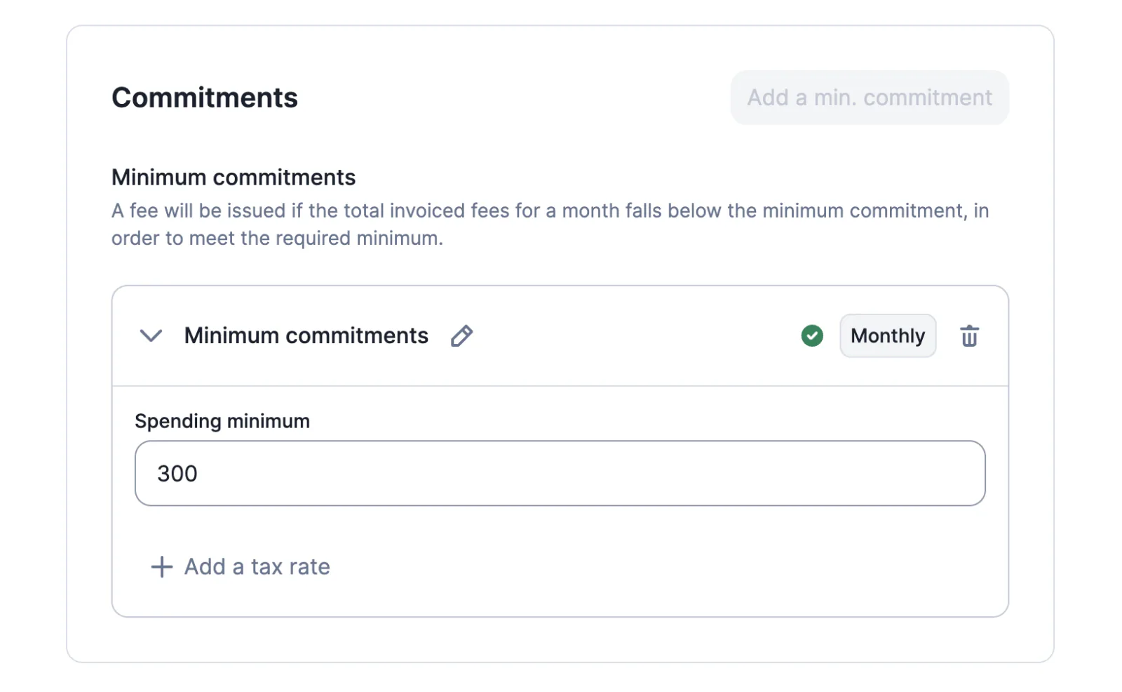 Lago plan with a minimum commitment amount configured.