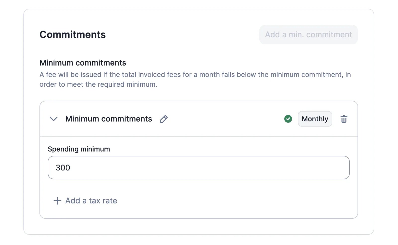 Lago plan with a minimum commitment amount configured.