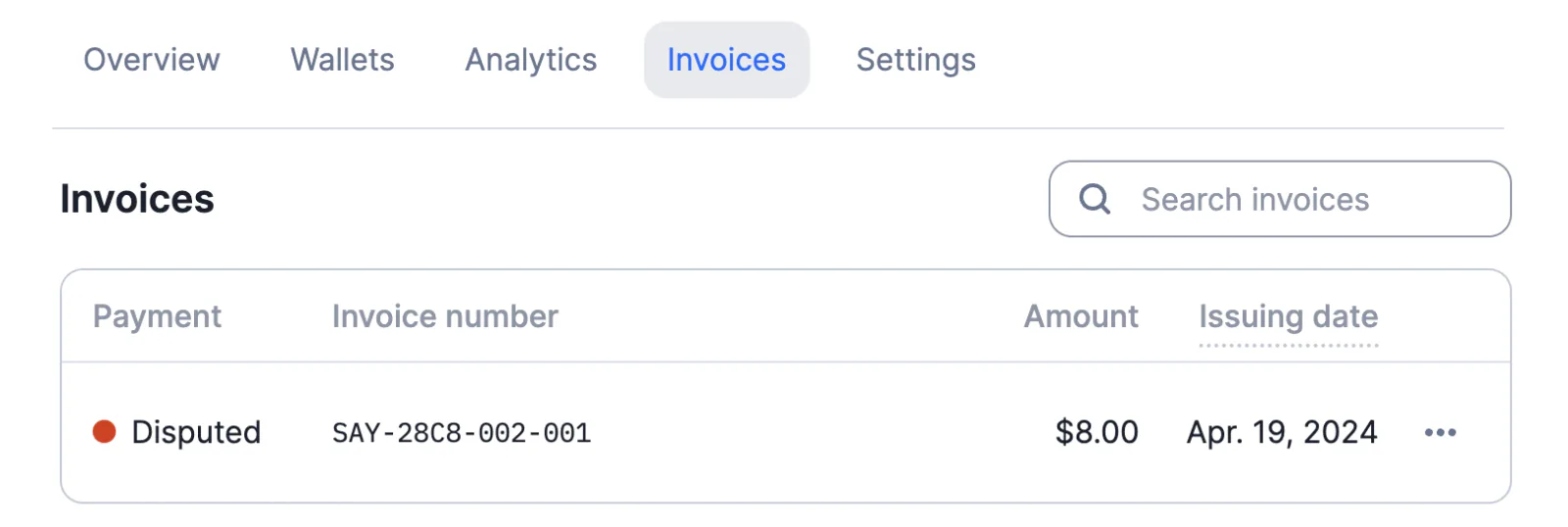 Lago invoice marked as disputed after a payment challenge.
