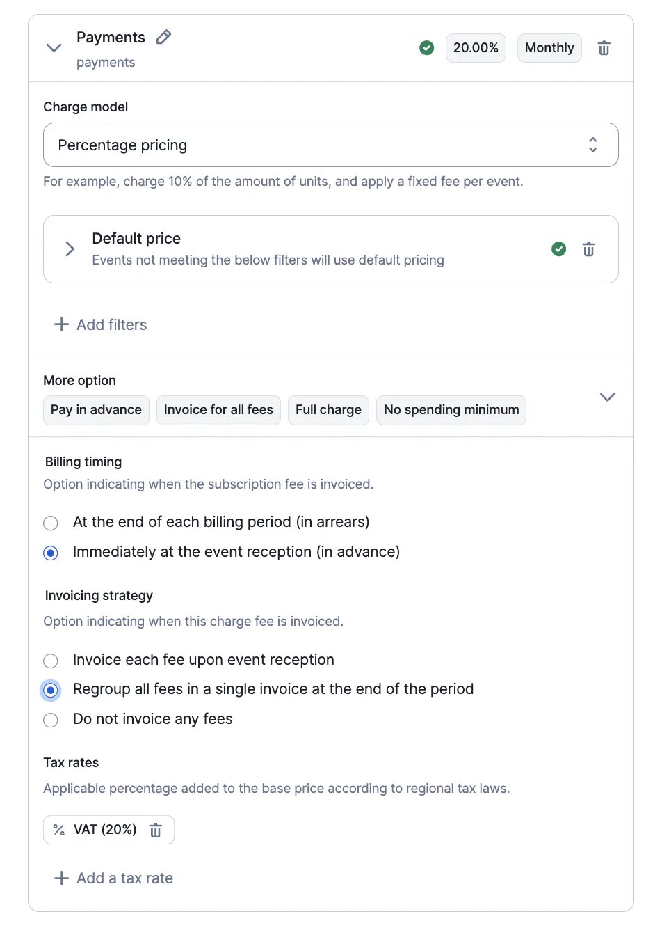 Lago invoicing options for instant charges.