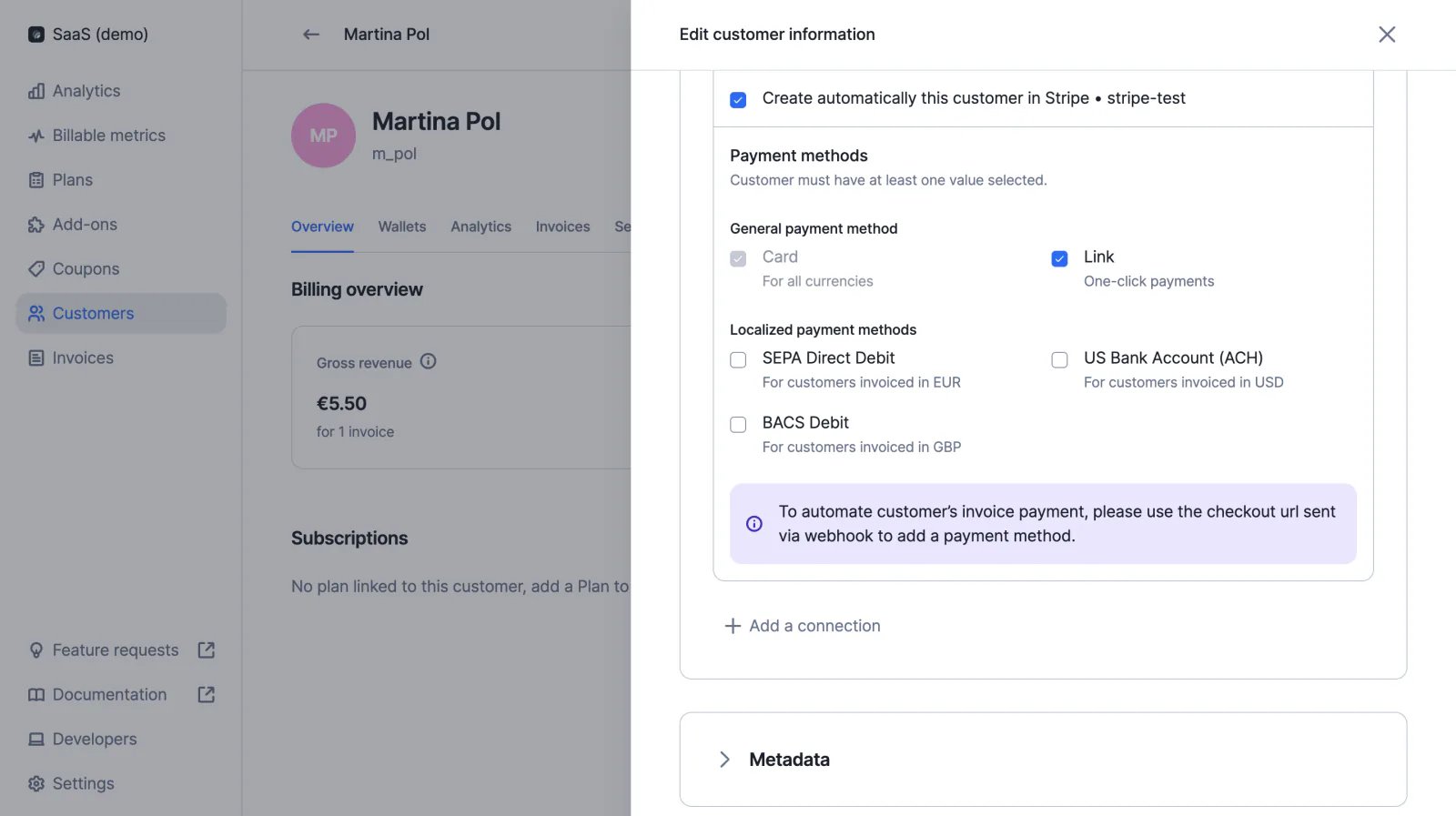 Stripe Link checkout enabled on a Lago card payment.