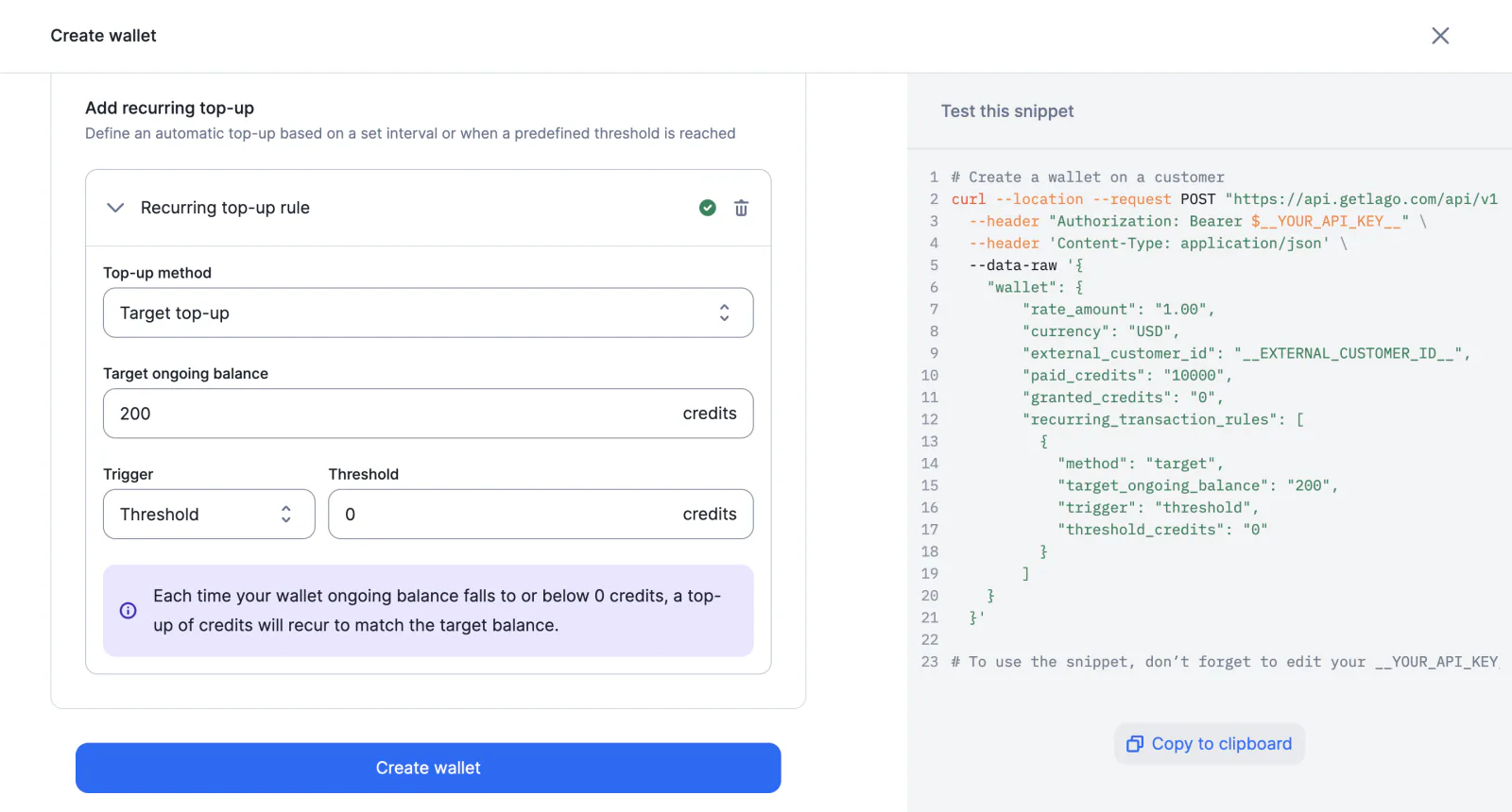 Lago wallet configured with a recurring top-up rule.