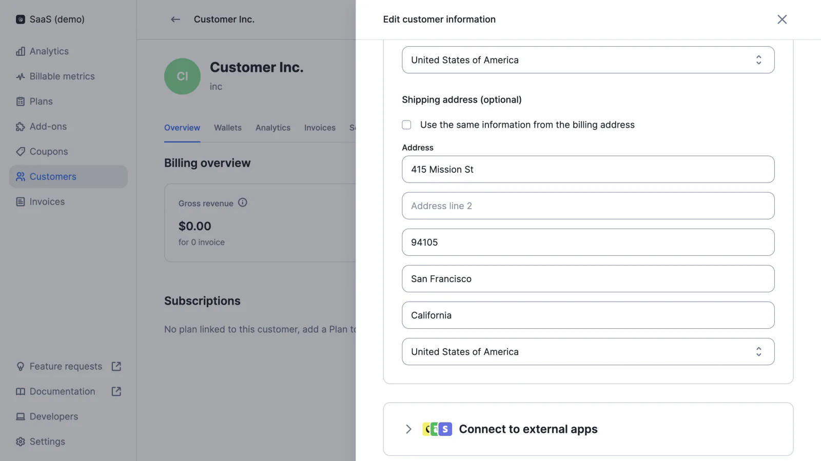 Lago customer record with a shipping address alongside the billing address.