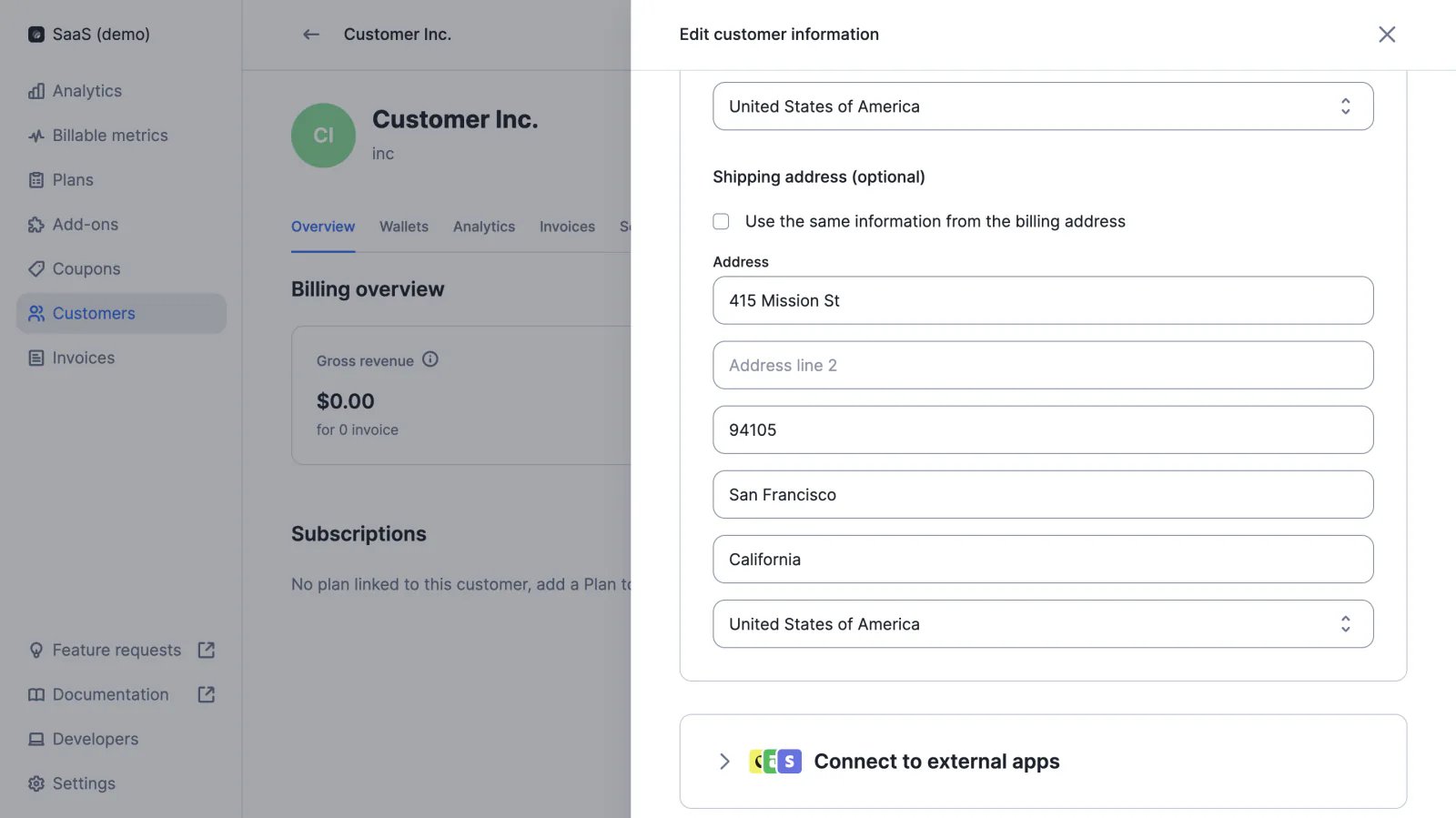 Lago customer record with a shipping address alongside the billing address.