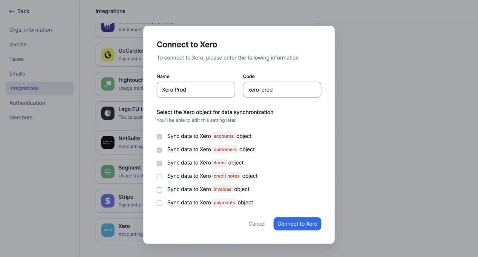 Lago connected to Xero for accounting synchronization.