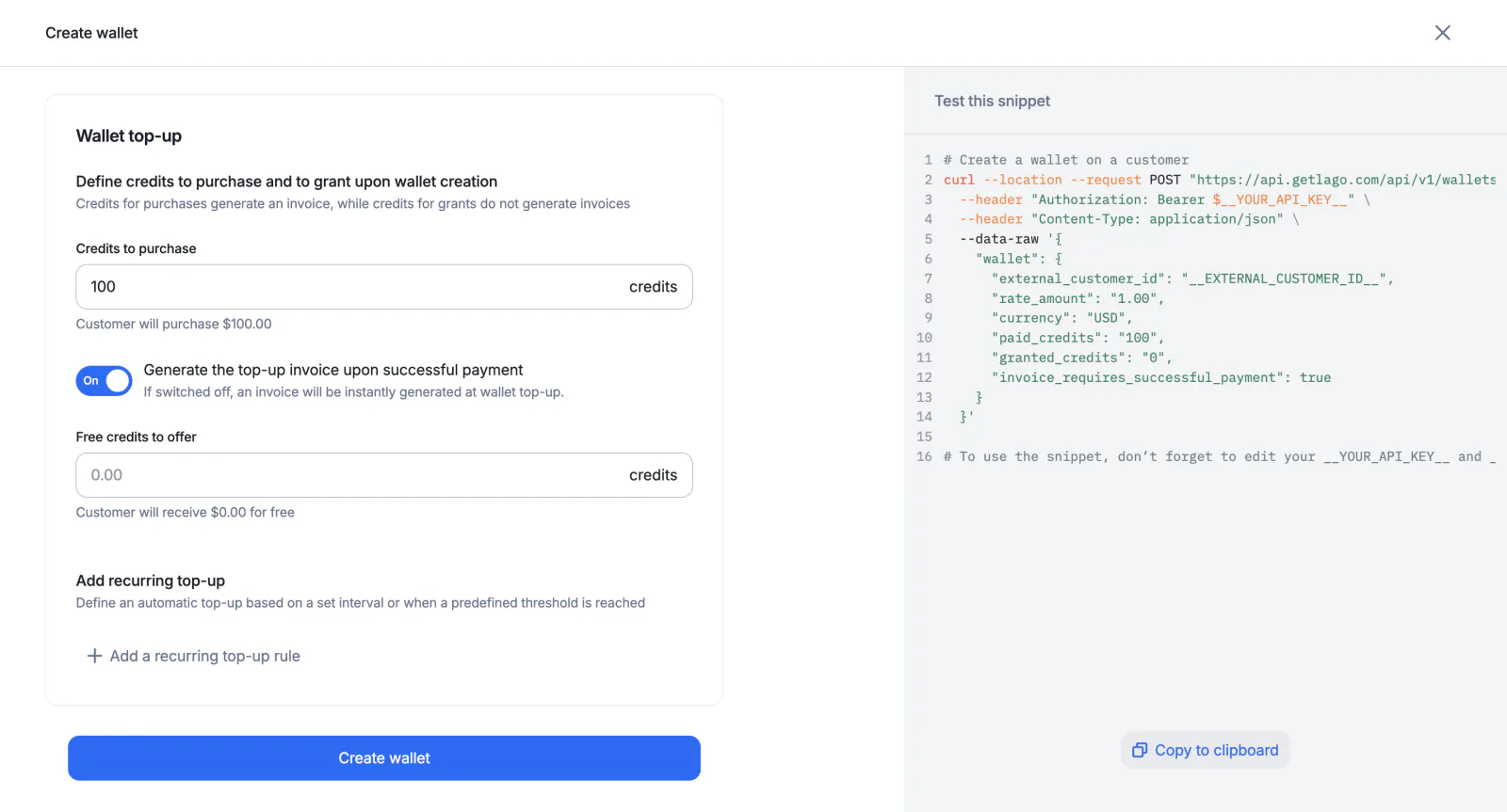 Lago wallet top-up invoicing options.