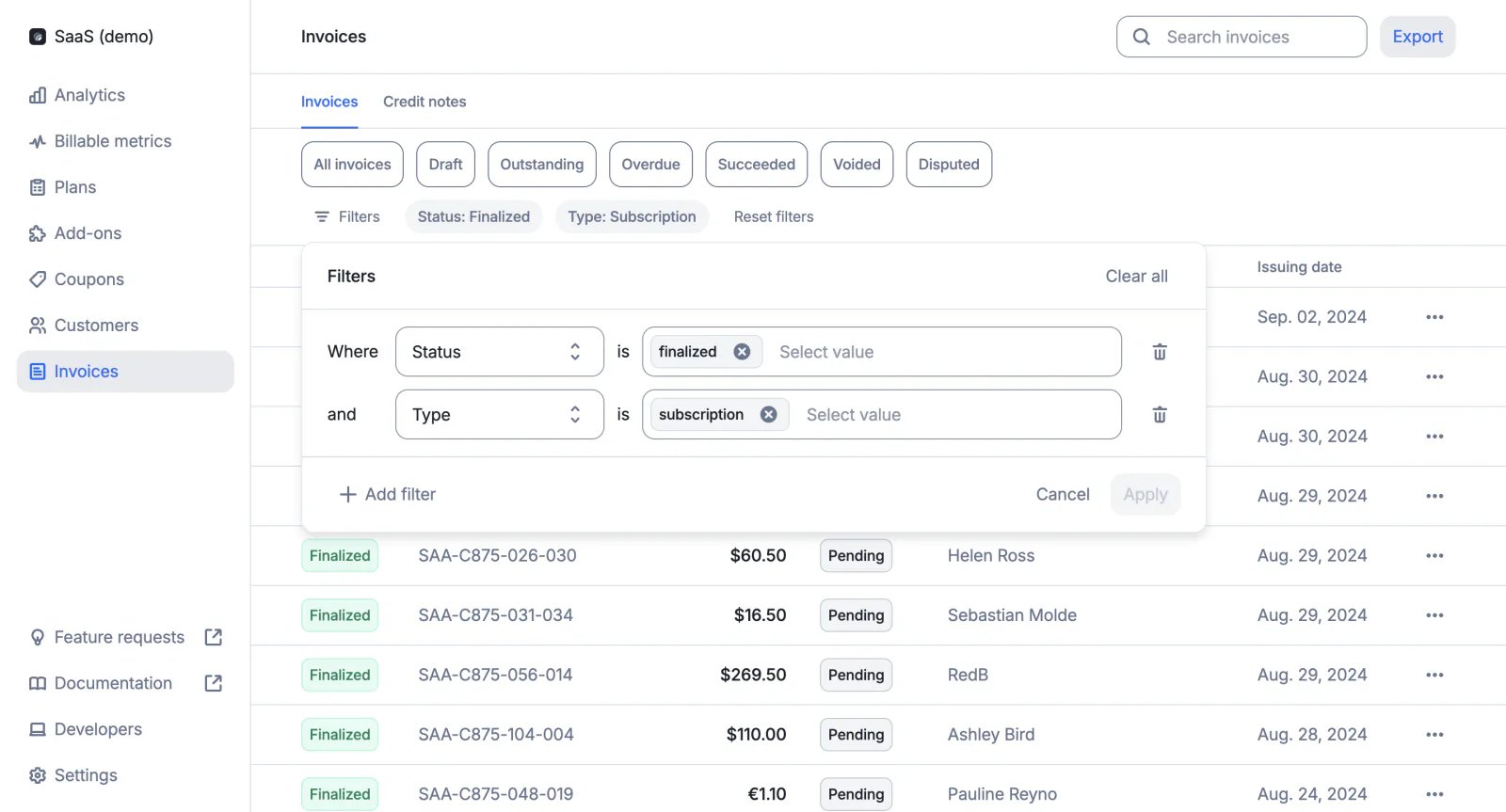 Lago invoice list filtered and ready to export.
