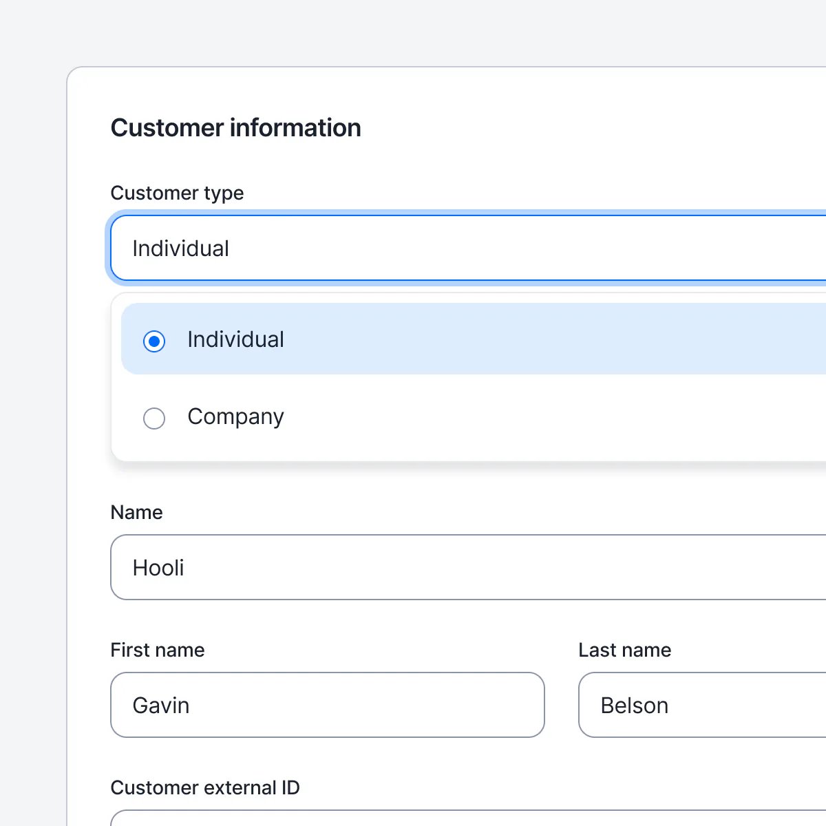Lago customer record set to a company or individual customer type.