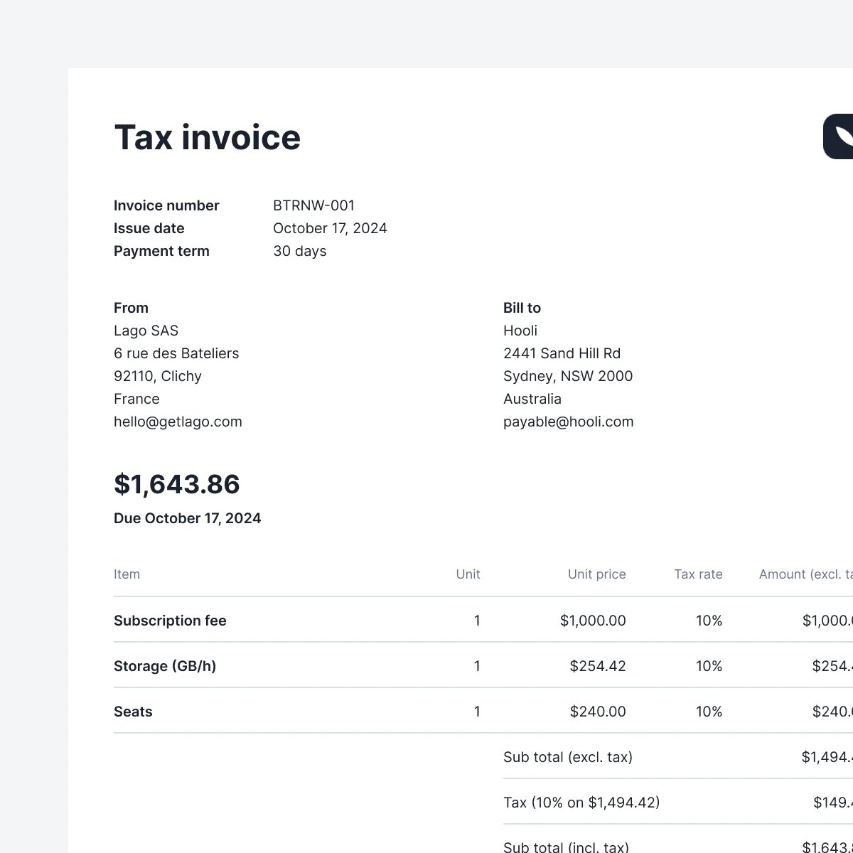 Lago tax invoice formatted for local compliance requirements.